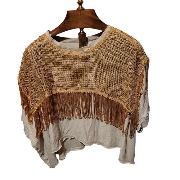 Free People Midnight Rodeo Loose Fit Fringe Cropped Top Beige/Gold Size XLarge - Picture 9 of 10